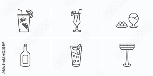 drinks outline icons set. thin line icons such as caipirinha, tropical itch, ham, rum, mint julep, irish sour vector.