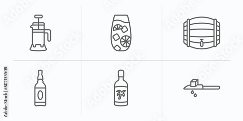 drinks outline icons set. thin line icons such as french press, tom collins, cask, alcohol, malibu, drip vector.