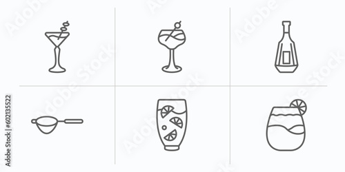 drinks outline icons set. thin line icons such as manhattan drink, last word drink, brandy, sieve, lemon juice, pisco sour vector.