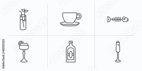 drinks outline icons set. thin line icons such as bloody mary, espresso, fish skeleton, sidecar drink, herbal liquor, french 75 vector.