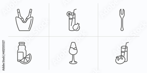 drinks outline icons set. thin line icons such as ice bucket and bottle, pomegranate martini, forks, juice bottle, wine toast, tomato juice vector.