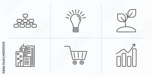 digital economy outline icons set. thin line icons such as hierarchical structure, light bulb, sprout, buildings, market, growth vector.