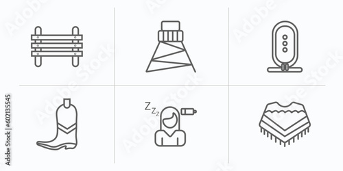 desert outline icons set. thin line icons such as paddock, cowboy tower, hiero, far west boot, fatigue, poncho vector.
