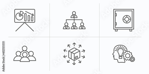 digital economy outline icons set. thin line icons such as presentation, organization, safebox, population, distribution, thinking vector.