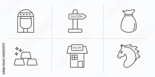 desert outline icons set. thin line icons such as cleopatra, wild west saloon, old money bag, ingots, salon, horse vector.