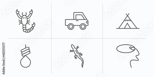 desert outline icons set. thin line icons such as scorpion, pick up, wigwam, noose, lizard, lasso vector.