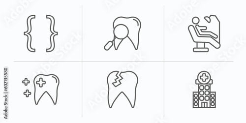 dentist outline icons set. thin line icons such as brackets  dentist  examination  healthy tooth  damaged tooth  clinic vector.