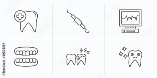 dentist outline icons set. thin line icons such as dental care, periodontal scaler, ekg monitor, dentures, toothache, shiny tooth vector.