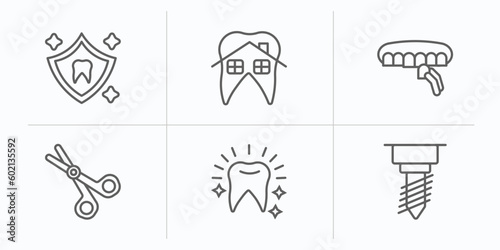 dentist outline icons set. thin line icons such as dental protection, dental house, dental veneer, dentist scissors, white teeth, implant fixture vector.