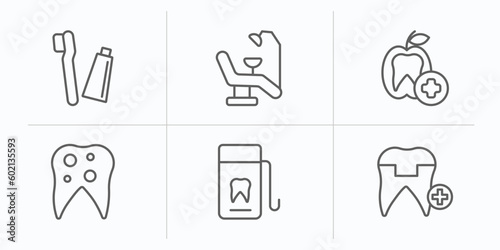 dentist outline icons set. thin line icons such as toothbrushes, dentist chair, dentist, bicuspid, dental floss, molar crown vector.