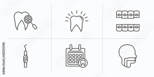dentist outline icons set. thin line icons such as dental checkup, dental, lingual braces, dental probe, appointment, oral vector.