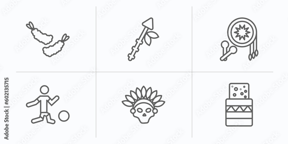 culture outline icons set. thin line icons such as fried shrimp, native american spear, native american drum, brazil soccer player, native american skull, turron vector.