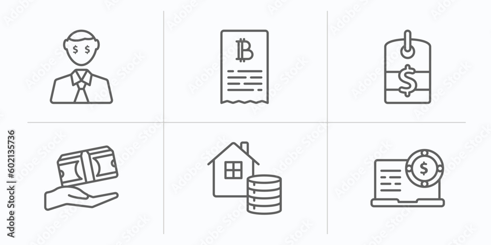 cryptocurrency outline icons set. thin line icons such as greed, invoice, dollar tag, loan, as, online banking vector. cryptocurrency outline icons set. thin line icons such as greed, invoice, dollar tag, loan, as, online banking vector.