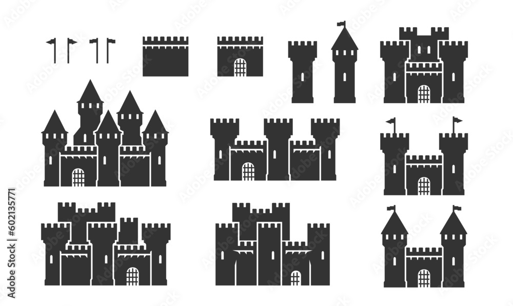 Vector Medieval Castles Set In Glyph Style - obrazy, fototapety, plakaty 
