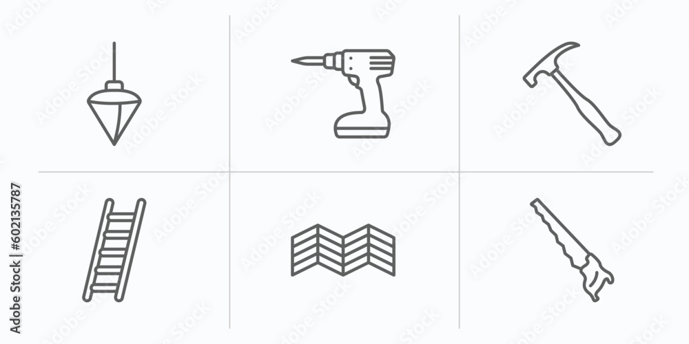 Fototapeta premium construction tools outline icons set. thin line icons such as plumb bob, cordless drill, brick hammer, ladder, parquet, hand saw vector.