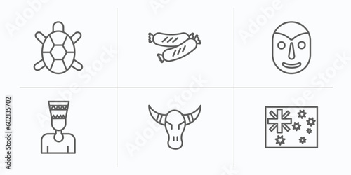 culture outline icons set. thin line icons such as surfing a sea turtle, chorizo, native american mask, nefertiti, skull of a bull, australian flag vector.