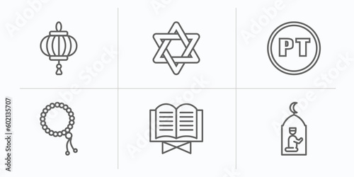 cultures outline icons set. thin line icons such as paper lantern, david, portuguese, beads, quran book, muslim praying vector.