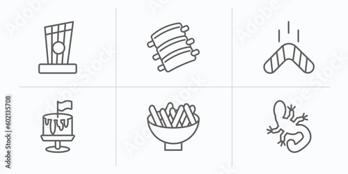 culture outline icons set. thin line icons such as kankles, pork ribs, australian boomerang, cake with a flag, beef and garlic, gecko top view shape vector.