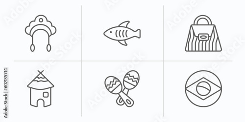 culture outline icons set. thin line icons such as kokoshnik, marine fish, crocodile leather bag, mud hut, maracas couple, brazil flag vector.