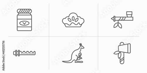 culture outline icons set. thin line icons such as vegemite, meat pie, pipe of peace, native american flute, australian kangaroo, native american axes vector.