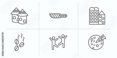 culture outline icons set. thin line icons such as indian village, knife in sheath, bo kaap, coffee grains, capoeira brazil dancers, goat cheese vector.
