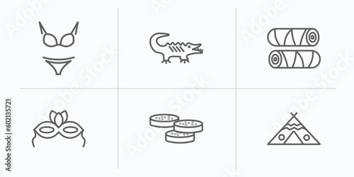 culture outline icons set. thin line icons such as female bikini piece, australian alligator, egg roll, brazil carnival mask, mantecados, native american wigwam vector.