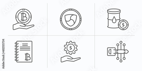 cryptocurrency outline icons set. thin line icons such as donation, nem, oil economy, ledger, fintech industry, digital key vector.