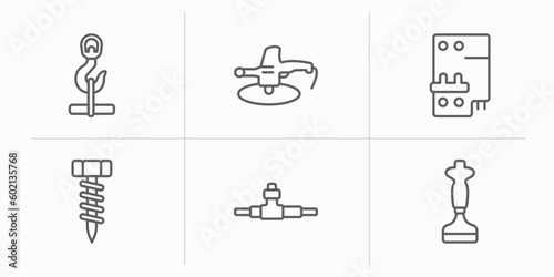 construction tools outline icons set. thin line icons such as hook with cargo, polishers, circuit breaker, garage screw, plumbing pipes, bolster vector.