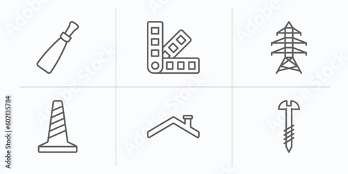 construction tools outline icons set. thin line icons such as putty knife, pantone, electric tower, road construction, roof, screw vector.