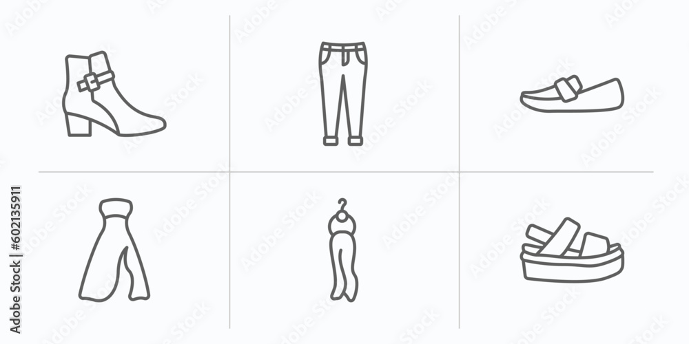 clothes outline icons set. thin line icons such as ankle boots, boyfriend low jean, loafer, long bandeau dress, scarf on hanger, platform sandals vector. clothes outline icons set. thin line icons such as ankle boots, boyfriend low jean, loafer, long bandeau dress, scarf on hanger, platform sandals vector.