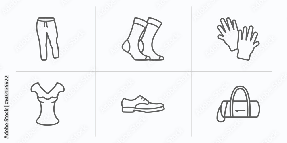 clothes outline icons set. thin line icons such as sweatpants, women socks, wool gloves, chiffon suffle blouse, leather derby shoe, barrel handbag vector. clothes outline icons set. thin line icons such as sweatpants, women socks, wool gloves, chiffon suffle blouse, leather derby shoe, barrel handbag vector.