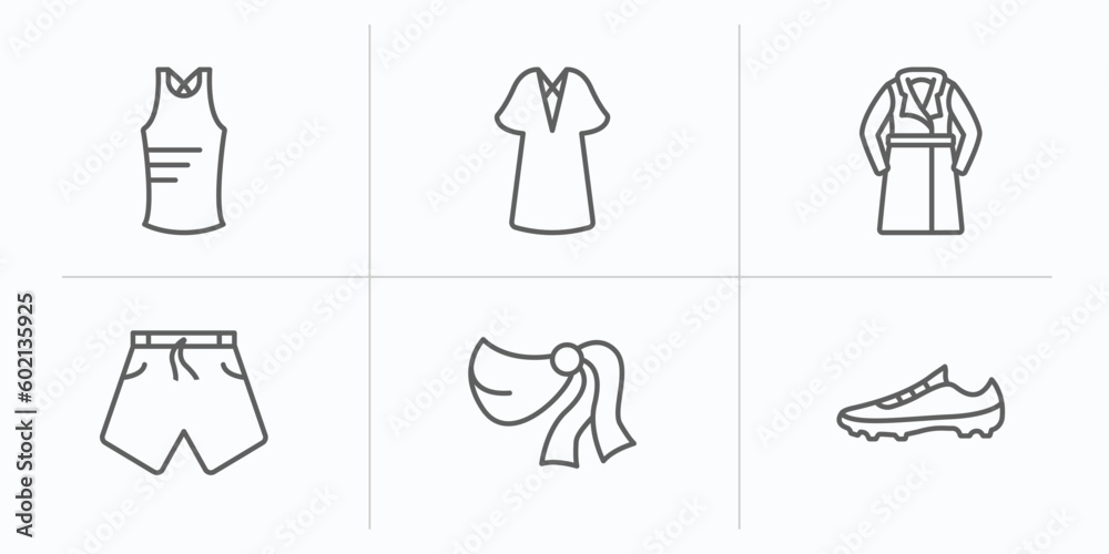 clothes outline icons set. thin line icons such as sleeveless shirt, kaftan, trench coat, swim shorts, shawl, soccer shoe vector. clothes outline icons set. thin line icons such as sleeveless shirt, kaftan, trench coat, swim shorts, shawl, soccer shoe vector.