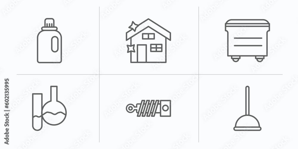 cleaning outline icons set. thin line icons such as softener, cleaning house, dumpster, acid, suspension, mop vector. cleaning outline icons set. thin line icons such as softener, cleaning house, dumpster, acid, suspension, mop vector.