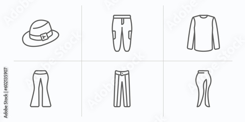 clothes outline icons set. thin line icons such as men hat, chi pants, long sleeves t shirt, flare pants, oxford wave suit pants, slit skirt vector.