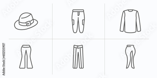 clothes outline icons set. thin line icons such as men hat  chi pants  long sleeves t shirt  flare pants  oxford wave suit pants  slit skirt vector.