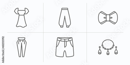 clothes outline icons set. thin line icons such as chiffon dress, harem pants, bow tie, pegged pants, chino shorts, jewelry vector.