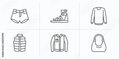 clothes outline icons set. thin line icons such as denim shorts, gladiator sandal, collarless cotton shirt, padded vest, denim jacket, hobo bag vector.