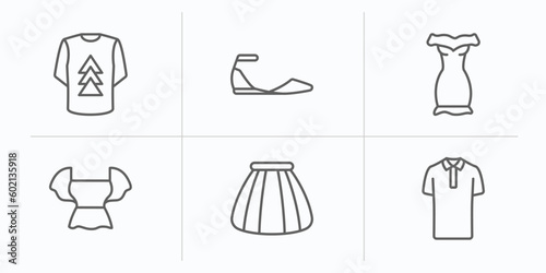 clothes outline icons set. thin line icons such as t shirt with de, flat shoes, off the shoulder dress, peplum top, tulle skirt, cotton polo shirt vector.
