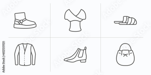 clothes outline icons set. thin line icons such as wool boots, draped top, sleepers, cotton cardigan, leather chelsea boots, bucket bag vector.