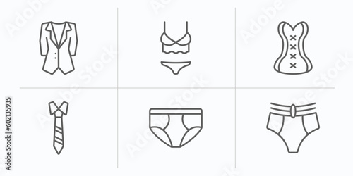 clothes outline icons set. thin line icons such as dinner jacket, lingerie, cor, necktie, briefs, knickers vector. photo