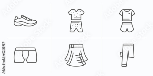 clothes outline icons set. thin line icons such as sneaker, pyjamas, pijama, underpants, kilt, trouser vector.