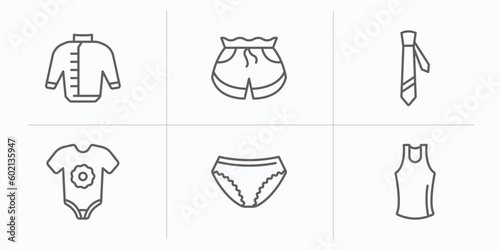 clothes outline icons set. thin line icons such as windbreaker, short, cravat, baby grow, panties, tank top vector.