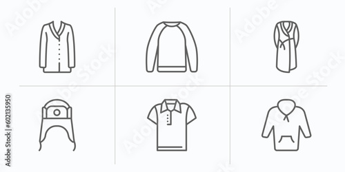 clothes outline icons set. thin line icons such as cardigan, sweatshirt, dressing gown, ushanka, polo shirt, fleece vector.
