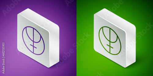 Isometric line Neptune planet symbol icon isolated on purple and green background. Astrology, numerology, horoscope, astronomy. Silver square button. Vector