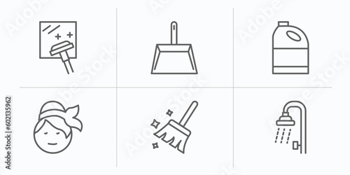 cleaning outline icons set. thin line icons such as window cleanin, wiping dustpan, bleach cleanin, wiping woman head, broom cleanin, shower vector.