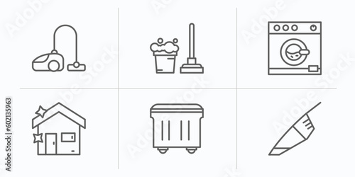cleaning outline icons set. thin line icons such as wiping vacuum tool, mop cleanin, washing hine cleanin, house cleanin, wiping trash container, vacuum vector.