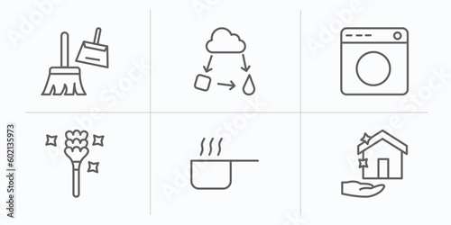 cleaning outline icons set. thin line icons such as cleaning tools, states of matter, laundry, feather duster, hot water, clean-living vector.