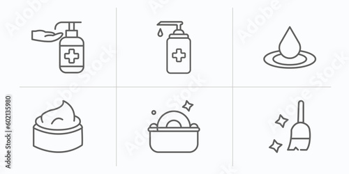 cleaning outline icons set. thin line icons such as sanitize, hand soap, liquid, cream, washing plate, sweeping vector.