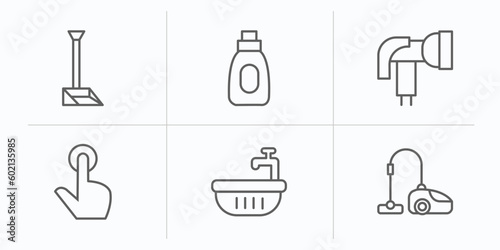 cleaning outline icons set. thin line icons such as dust pan, stain remover, garden hose, tap, water soak, hoover vector.