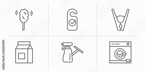 cleaning outline icons set. thin line icons such as duster, clean room, clothes peg, baking soda, glass cleaner, washing clothes vector.